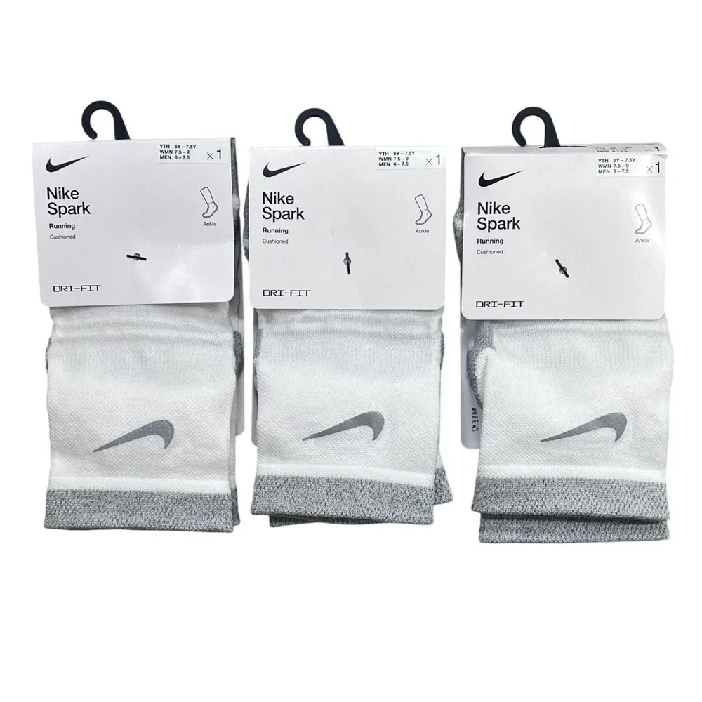 3 Nike Spark Running Ankle Socks White Grey Dri-FIT Cushioned M 6-7.5 W 7.5-9‎